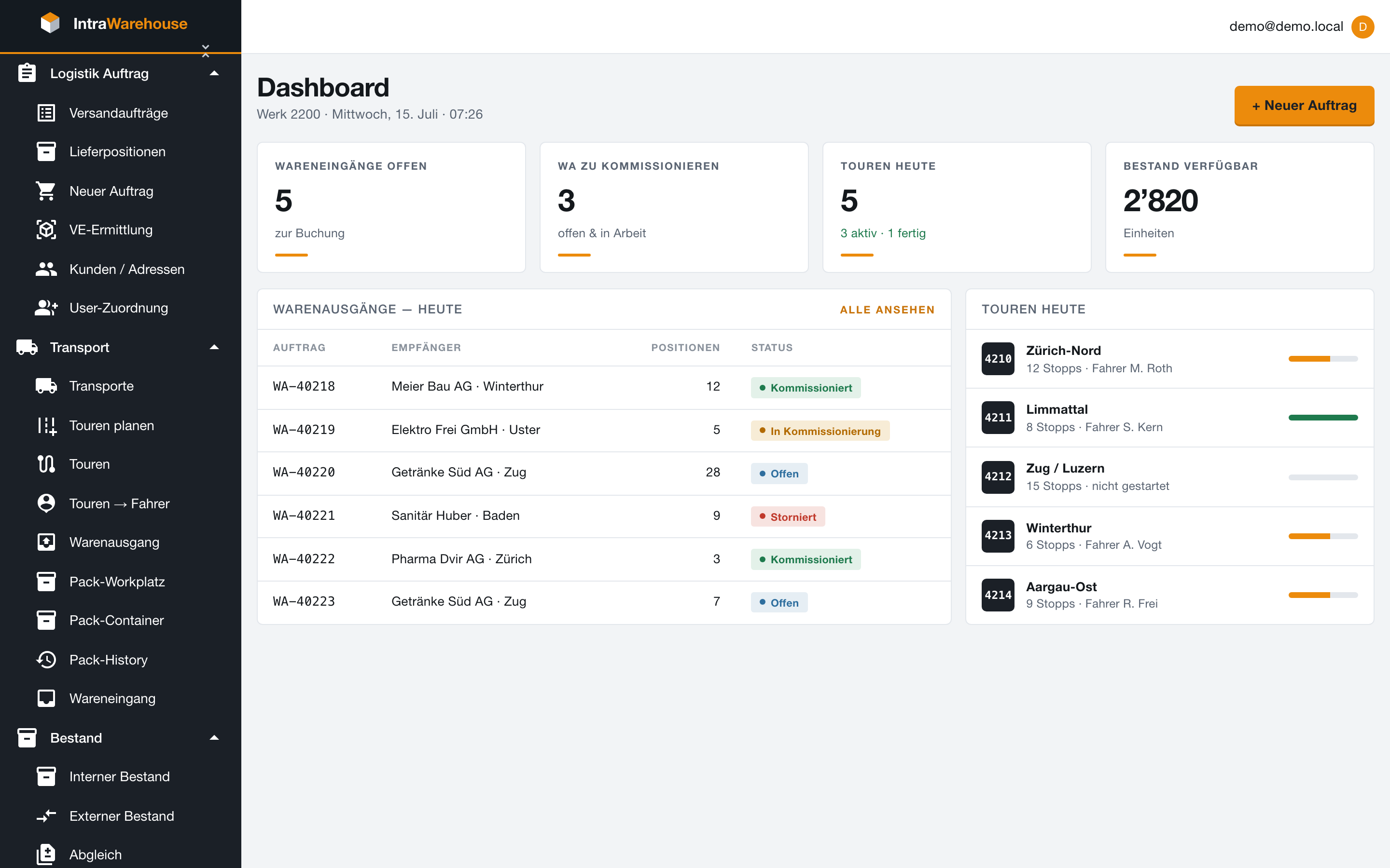 IntraWarehouse dashboard with KPIs, goods issues and tours