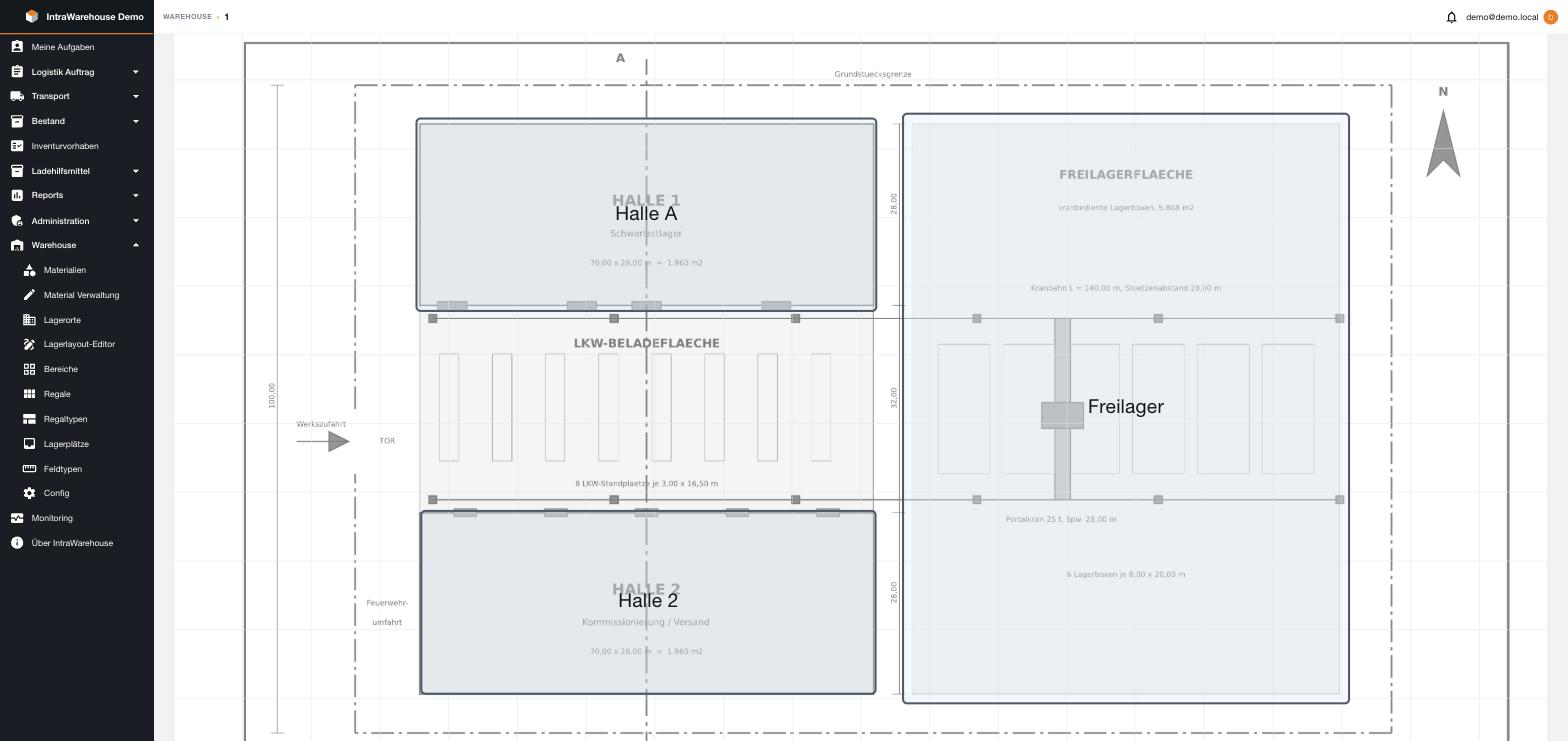 Lagerlayout-Editor mit Grundriss, Hallen und Freilagerfläche im realen Massstab