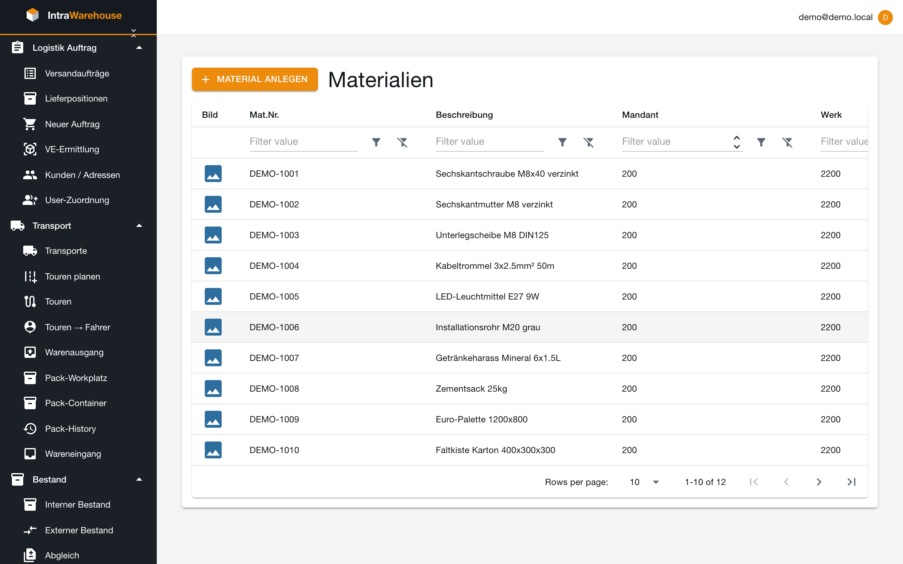 Material master with dimensions, weight and units